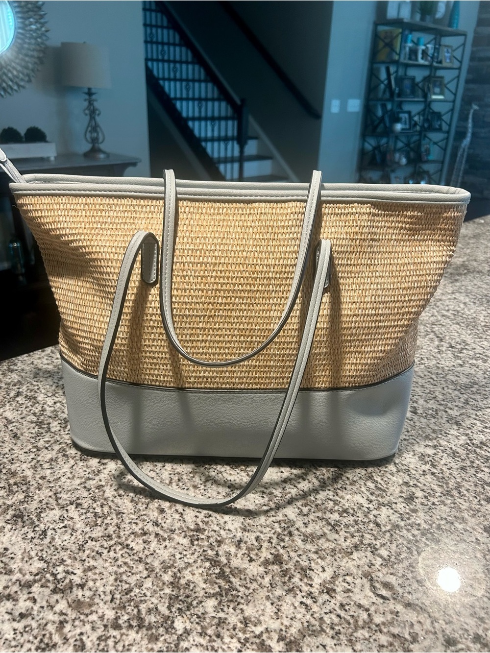 Neutral Straw Tote with Light Blue Trim